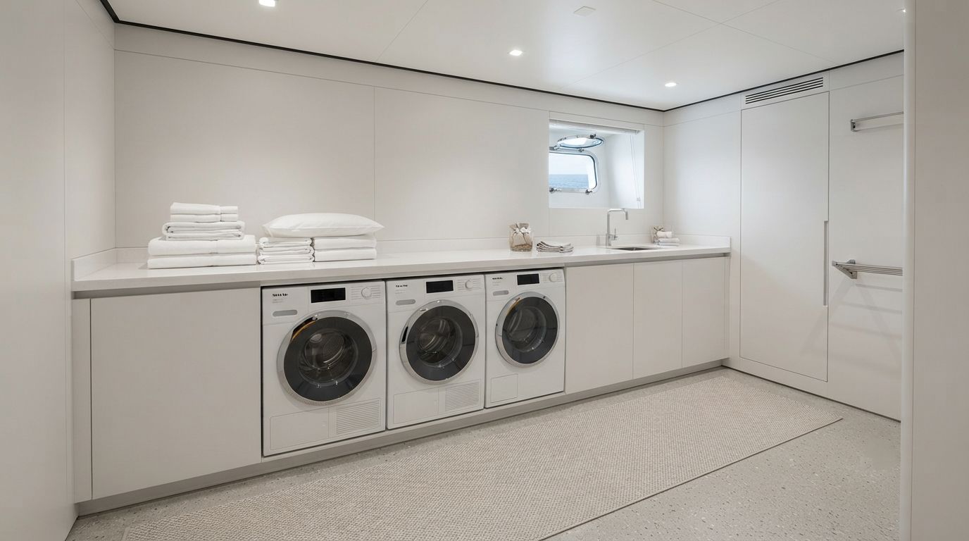 Marine laundry systems for superyachts — Miele and Primus industrial washers and heat-pump dryers by Vista Marine