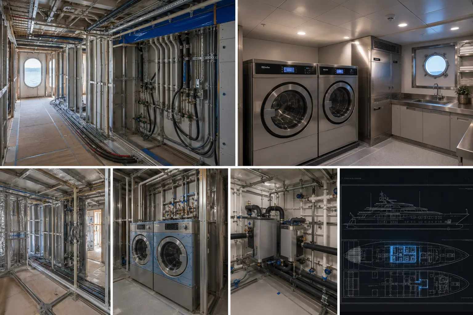 72m superyacht newbuild laundry infrastructure — designed from hull construction, Istanbul shipyard, Miele industrial systems