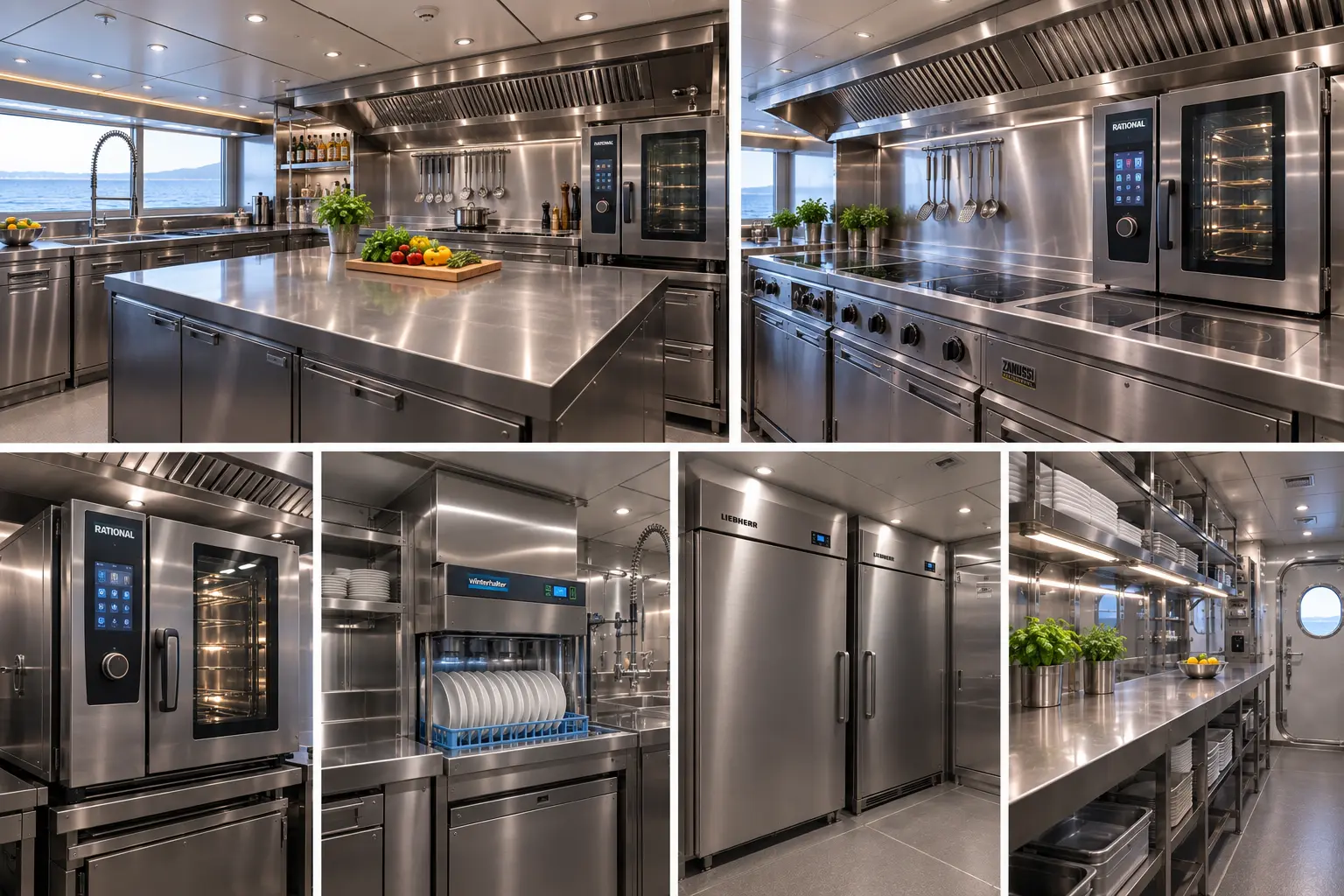 55m motor yacht full galley installation — Rational oven, Winterhalter dishwasher, 316L counters, Marmaris Turkey