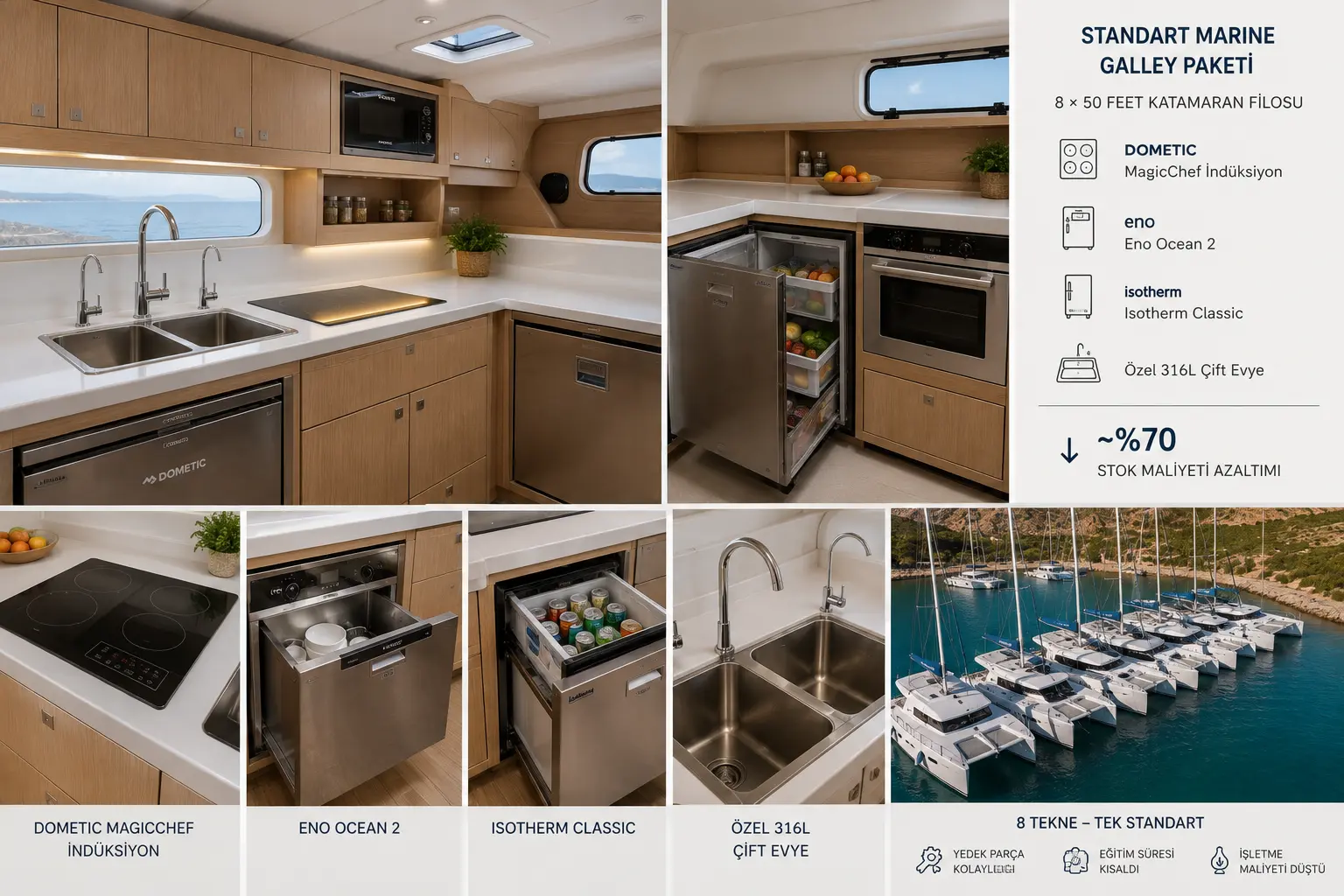 Aegean charter catamaran fleet standardised galley package — 8 vessels, Dometic induction and Eno marine oven