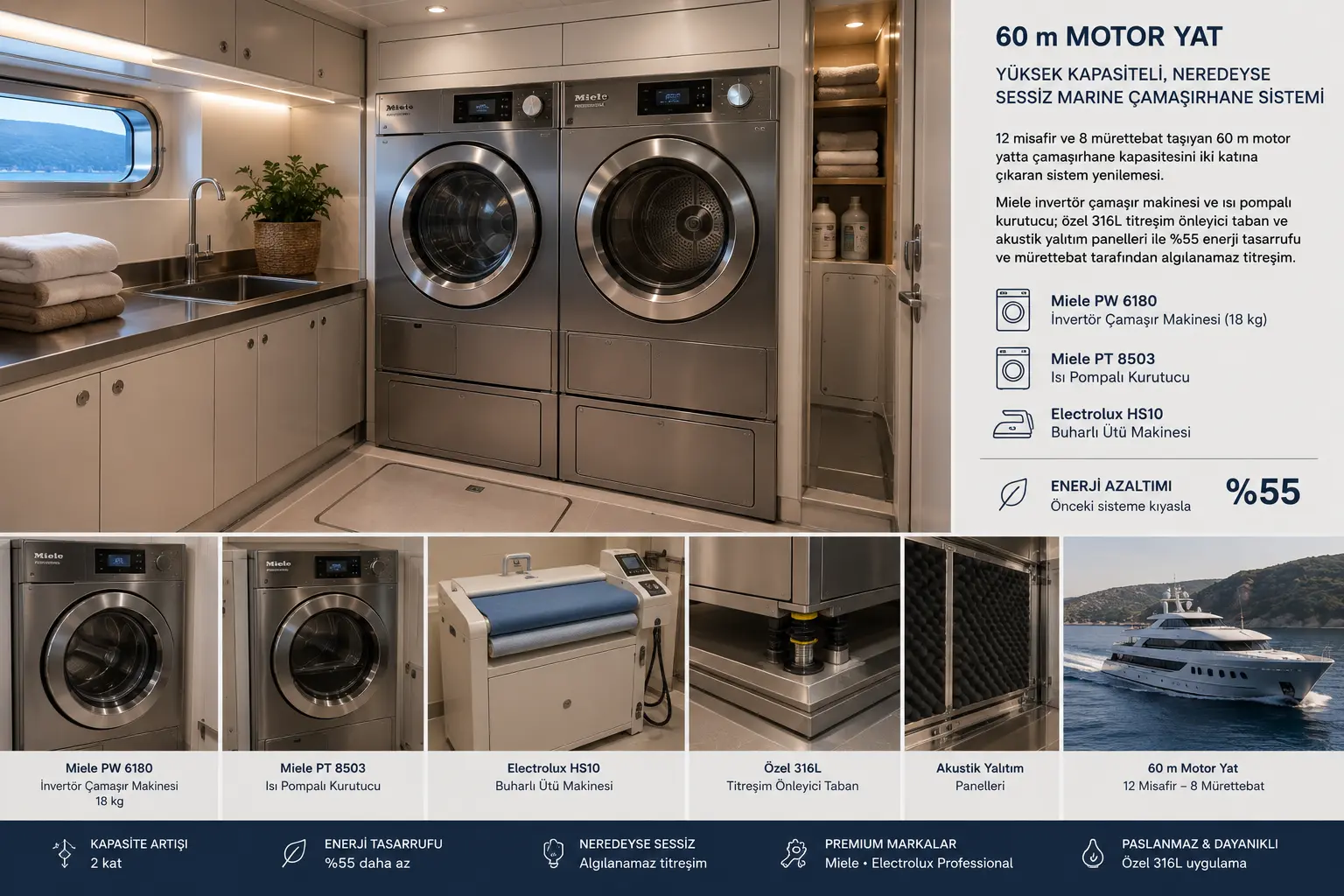 60m motor superyacht laundry room — Miele heat pump dryer on 316L anti-vibration base, near-silent operation