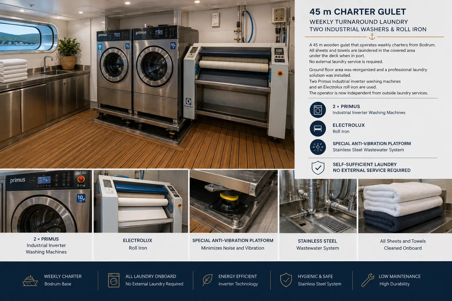 45m charter gulet Bodrum — twin Primus industrial washers and Electrolux cylinder mangle laundry installation
