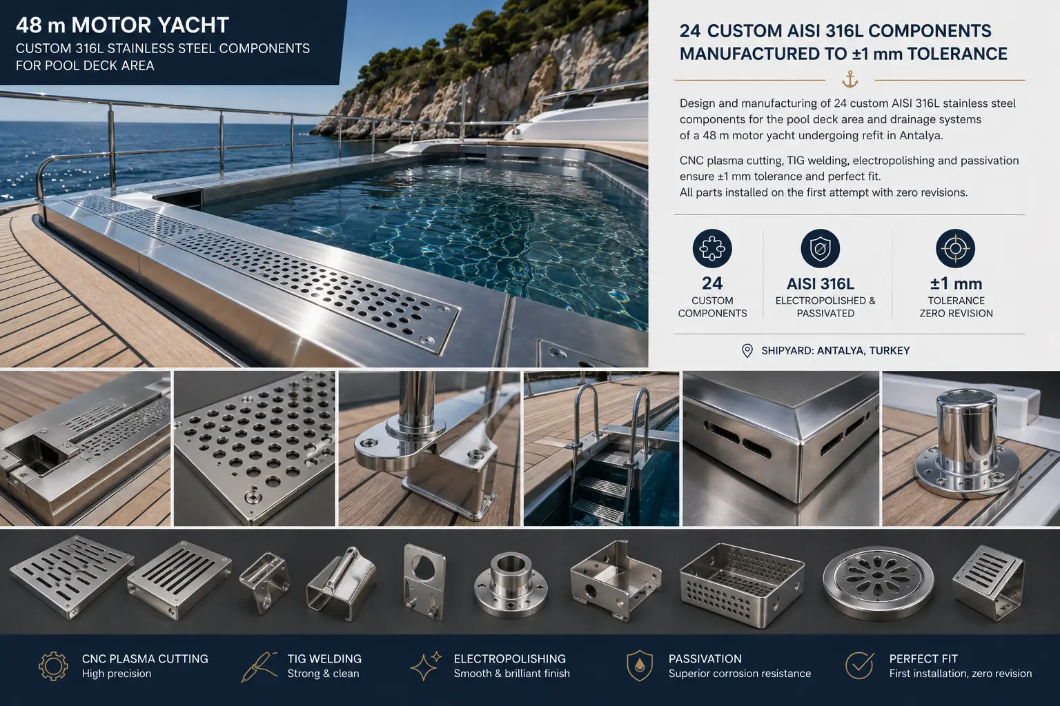 48m motor yacht — 316L stainless pool surround and deck fittings, CNC cut and TIG welded, Antalya shipyard