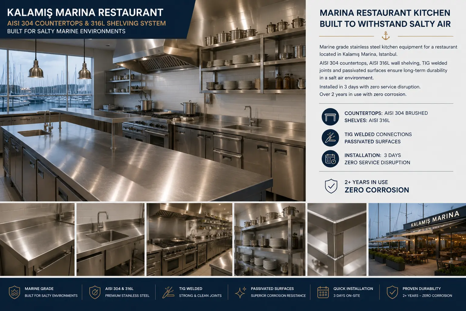 Kalamış Marina restaurant — stainless kitchen counters and shelving, AISI 304 countertops, 316L wall shelving, Istanbul